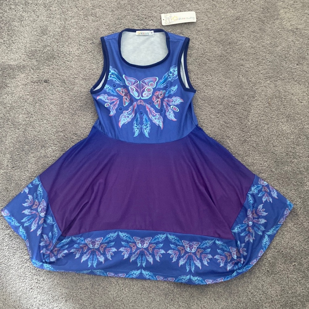 NWT Sunshine swing spring dress. Blue top, purple bottom. Size 10 girls.